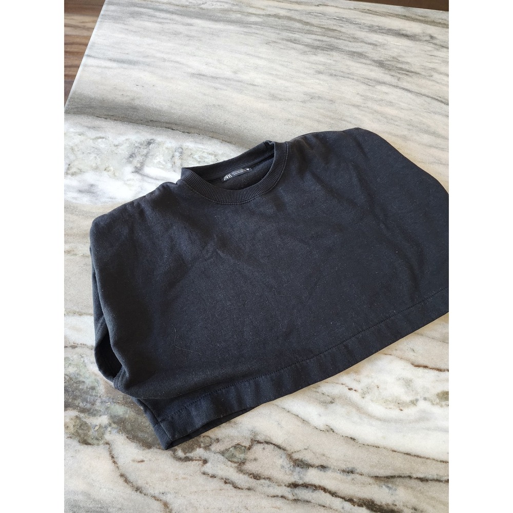 Zara Black Cropped Shoulder Pad Muscle Sweatshirt Size Small Boxy Crew Neck